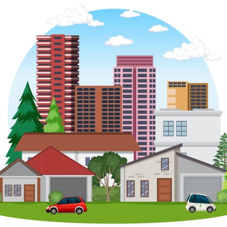 Urban landscape with houses and buildings illustration