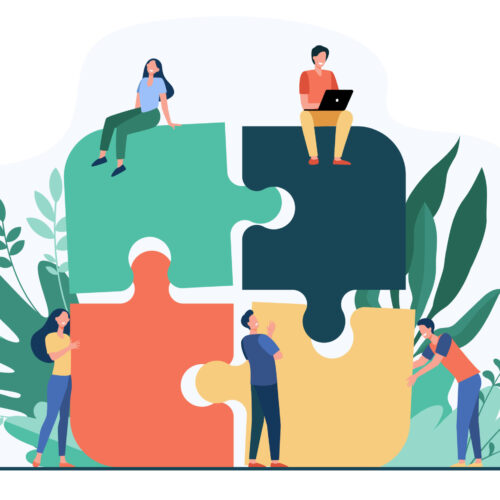 Business team putting together jigsaw puzzle isolated flat vector illustration. Cartoon partners working in connection. Teamwork, partnership and cooperation concept